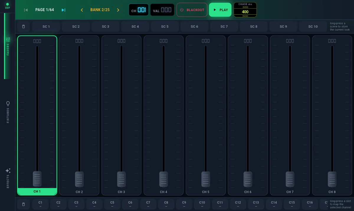 WaveLink DMX fader bank: 512 channels across 64 pages, with scene and bank recall