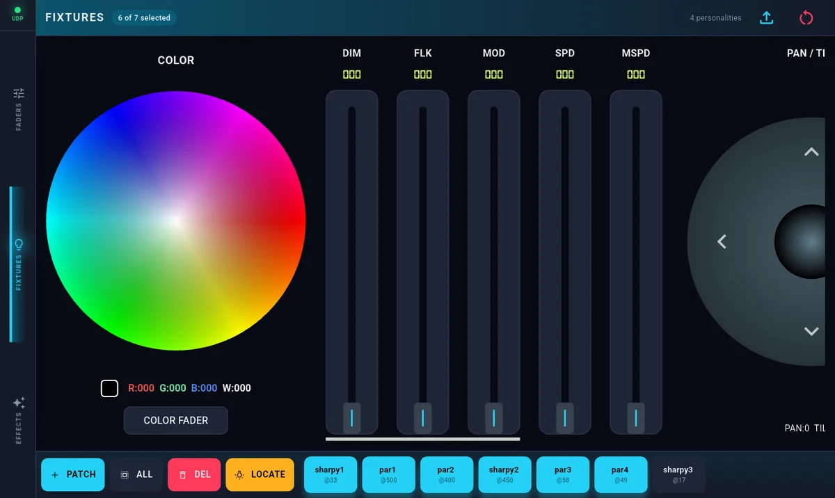 WaveLink DMX on a tablet: colour wheel, attribute faders, pan and tilt joystick, and the patched fixture list