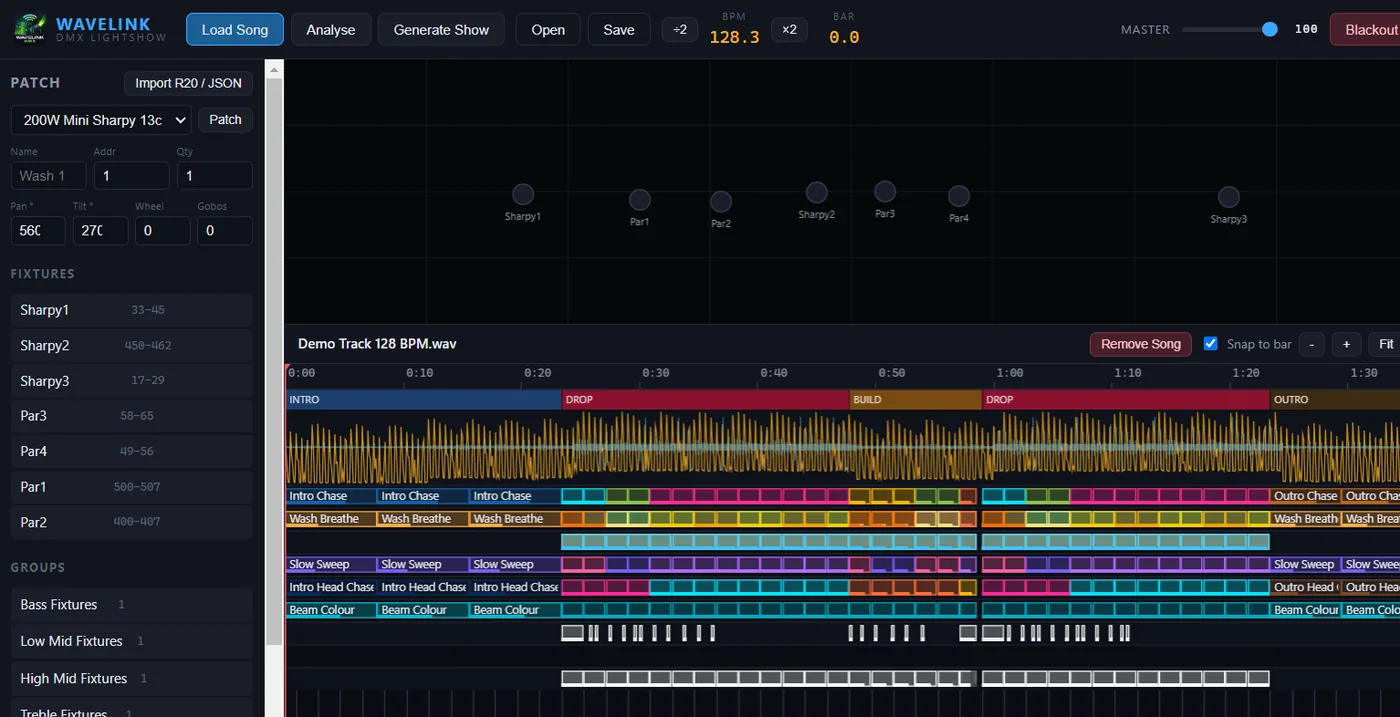 WaveLink DMX LightShow: a track analysed into sections with cues laid out across eight timeline lanes